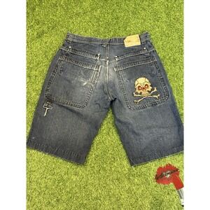 Vintage JNCO Jorts‎ Mens 34 Dark Denim Skull Embroidered Y2K Shorts
